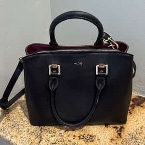 Aldo Logoirii Black Satchel with Burgundy and Gold Hard Structure Tote Bag Purse